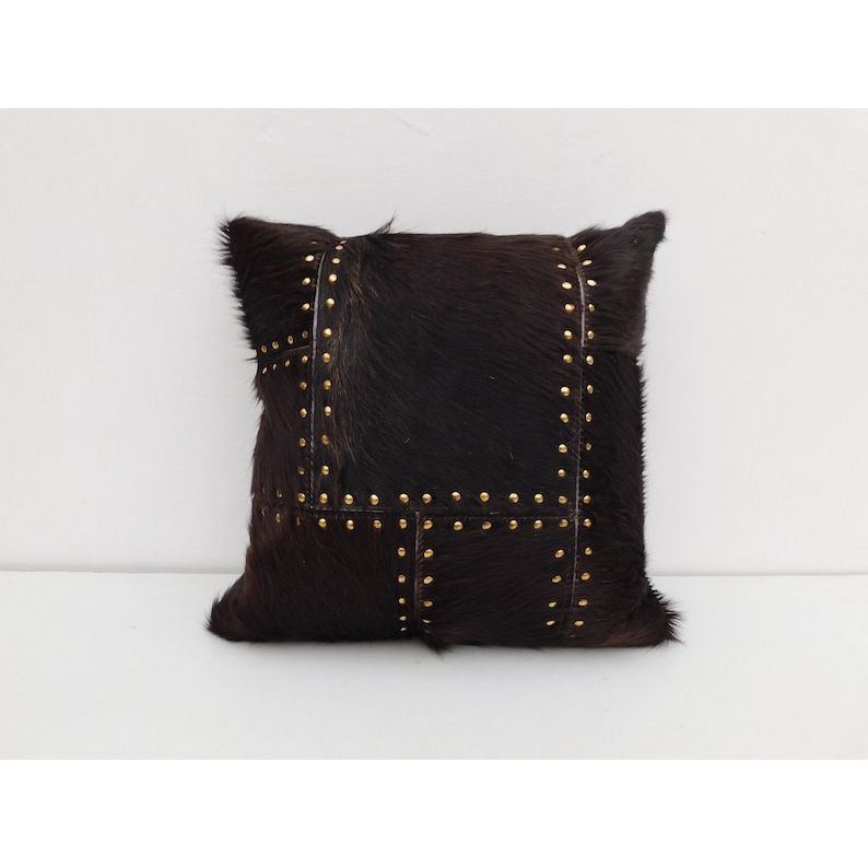 

Exotic Cowhide Pillow Cover: Brown & Black Leather Cushion Gift For Her Him Birthday Anniversary 14 x 14 in