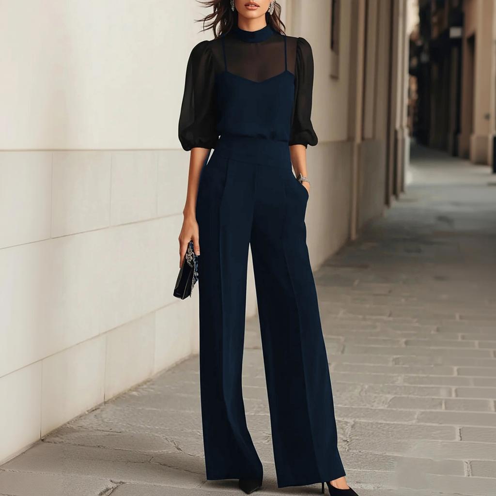 Completo 3 Pezzi da Donna con Pantaloni a Gamba Larga a Manica Corta