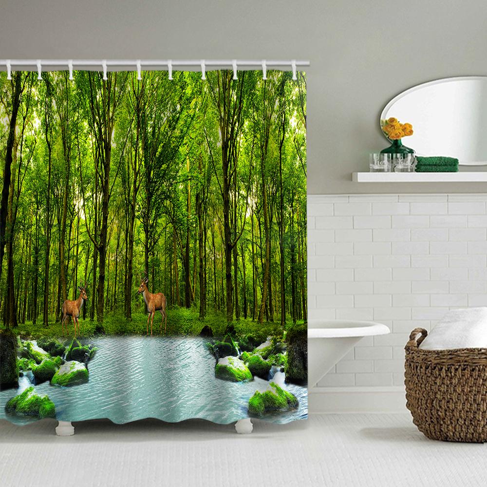 

1/4 Forest Creek Shower Curtains, Toilet Seat Decoration, Shower Curtain With Carpet And Toilet Lid, 12 70.8X70.8 Inch Hooks W60H190(CM)-1 Pcs