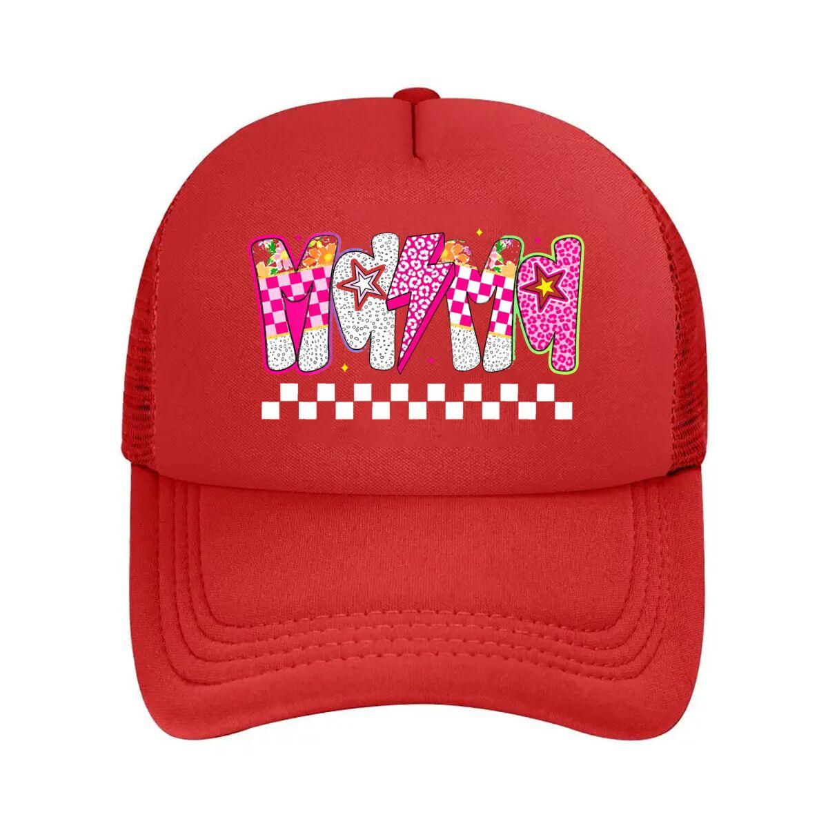 YK Retro MAMA Checkerboard Leopard Star Lightning Decor  Mesh Baseball Cap Hip Hop Adjustable