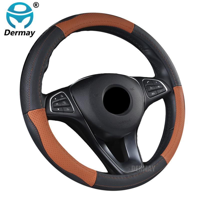 DERMAY Genuine Leather Steering Wheel Cover 5Colors Size M Fit Outer Diameter 37-38cm Standard Steering Wheel Free Shipping