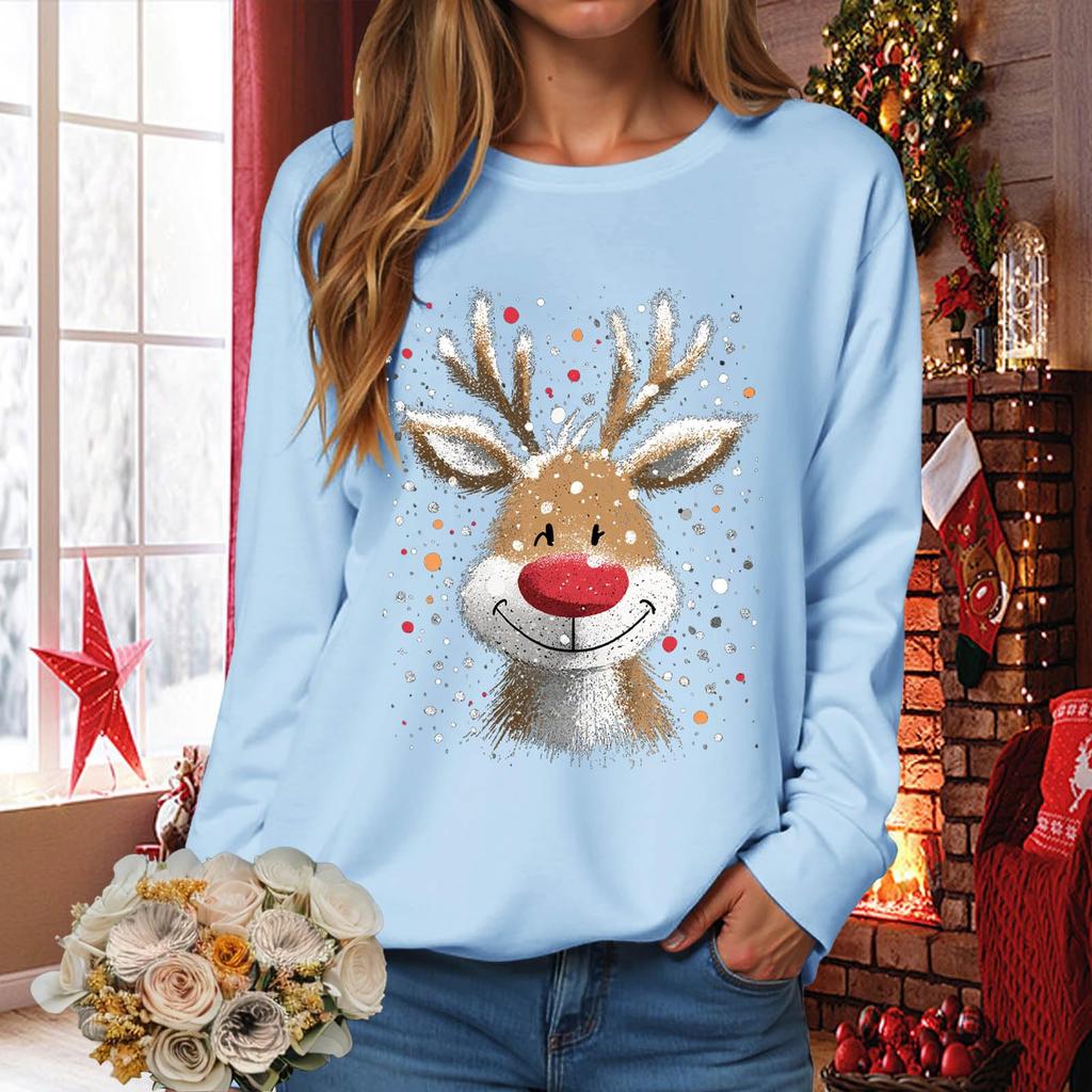 Women's Fashionable Casual Long-Sleeved Loose-Fit Christmas Print Round-Neck Pullover Sweatshirt