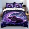 Fantasy Cat with Purple Flowers Print Bedding Set 1 Duvet Cover 2 Pillowcases for Adult and Children Luxury Gift Full Size