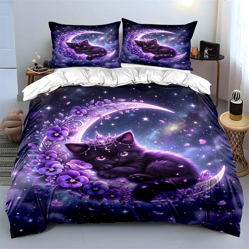 Fantasy Cat with Purple Flowers Print Bedding Set 1 Duvet Cover 2 Pillowcases for Adult and Children Luxury Gift Full Size