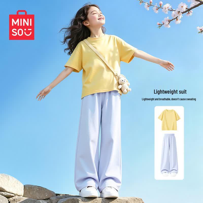 MINISO Girls' 2026 Summer Cotton Casual Short Sleeve & Pants Set
