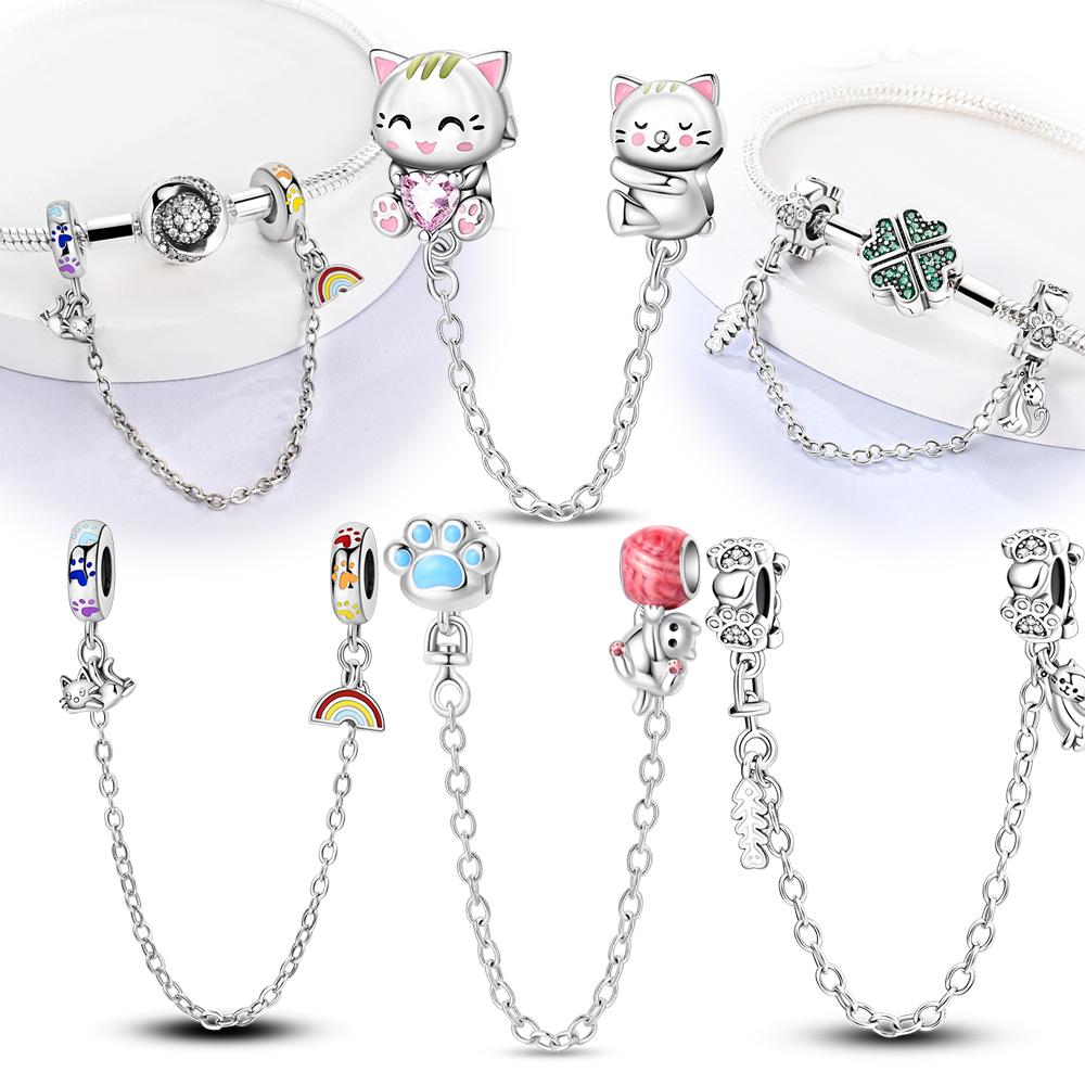 Charms Cute Pet Healing Pink Cat Safety Chain Beads Fit Charms 927 Silver Bracelets for Women Women Jewelry Making Diy
