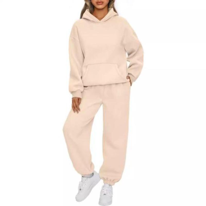 2 pezzi/set da donna, top sportivo, pantaloni, set con cappuccio, manica lunga, colore puro, felpa con cappuccio