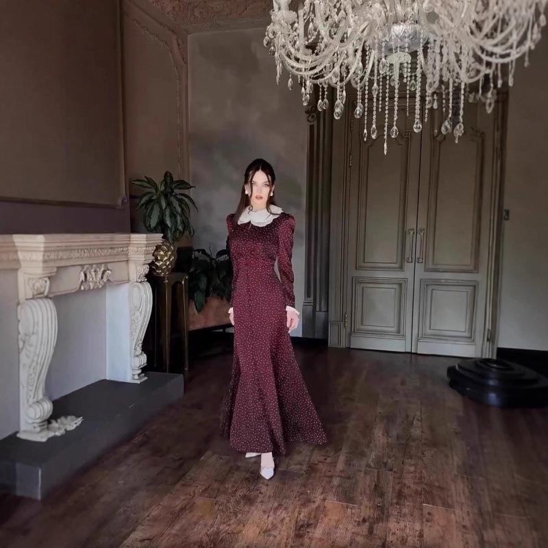 

Осеннее милое французское платье в горошек 2025 - Европейский и американский стиль S вино красного