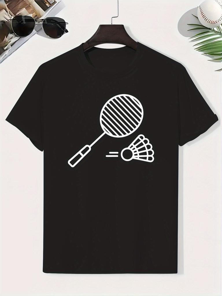 212 Badminton Print Cotton T-Shirt - Lightweight Short Sleeve Round Neck Top with Badminton Shuttlecock & Court, Machine Washable Casual Shirt Suitabl