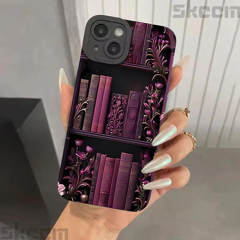 Vintage Purple Bookcase Painted Phone Case For iPhone 16 15 14 13 12 11 Pro Max Mini XS X XR 7 8 16 Plus Silicone Soft Cover