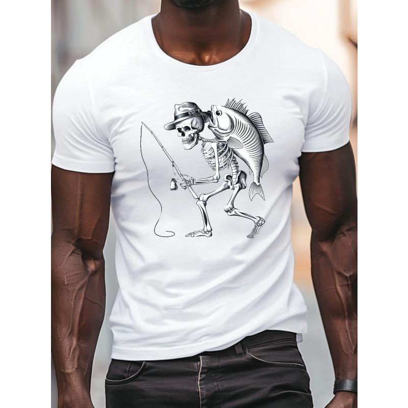 

European Size Men S Casual T-Shirt, Skeleton Fishing Graphic Print,Knit Fabric, Crew Neck, Regular Fit, Geometric Pattern, Summer Short Sleeve Top S белый