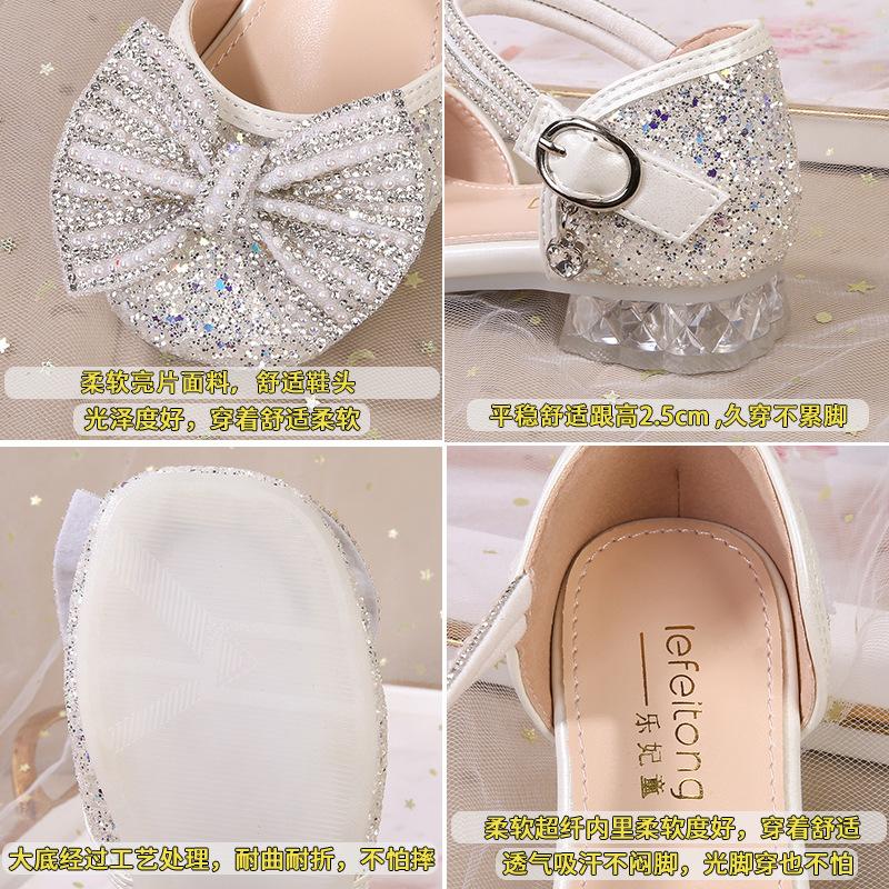 Girls' Sandals silver High Heels Summer New Transparent Soft Sole Bow Girls' Princess Shoes Women's Leather Shoes