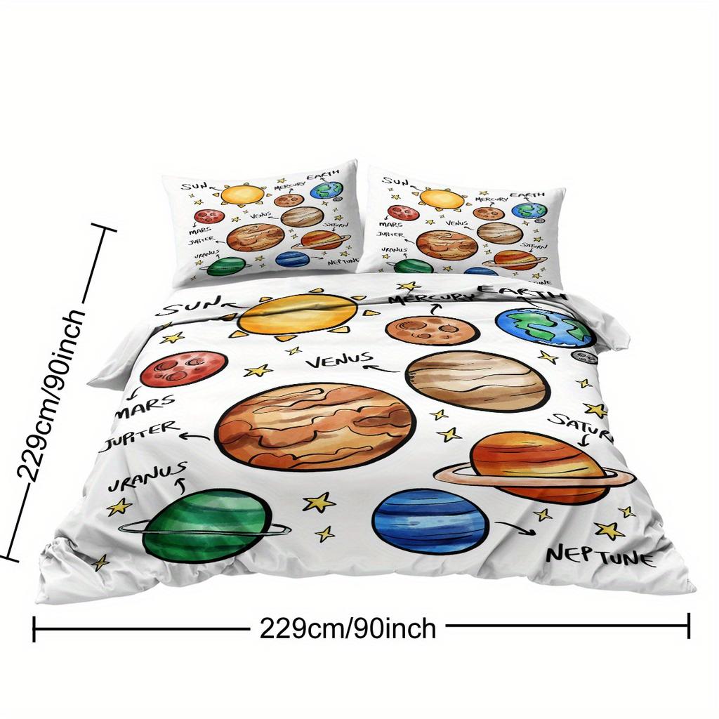 3-Piece Solar System Planets Print Duvet Cover Set - All-Season Polyester Bedding with 1 Comforter Cover and 2 Pillowcases, Mach
