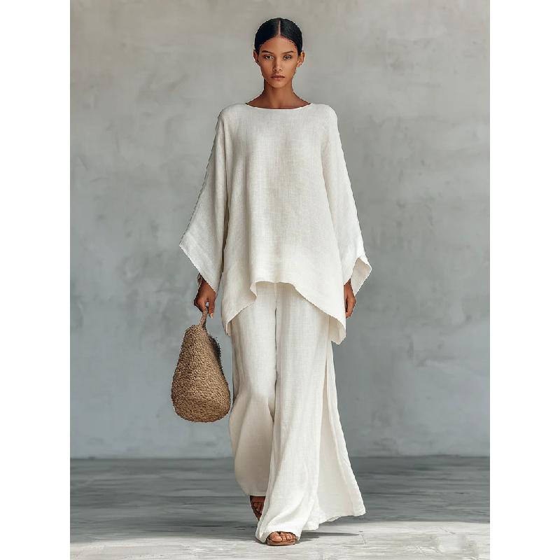 2026 New Women's Simple Loose Linen Blend Shirt and Wide-Leg Pants Set