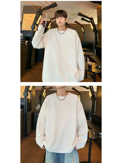 Men's Solid Color Long Sleeve Jacquard T-Shirt - Trendy Scruffy Hong Kong Style, Loose Fit for Couples.
