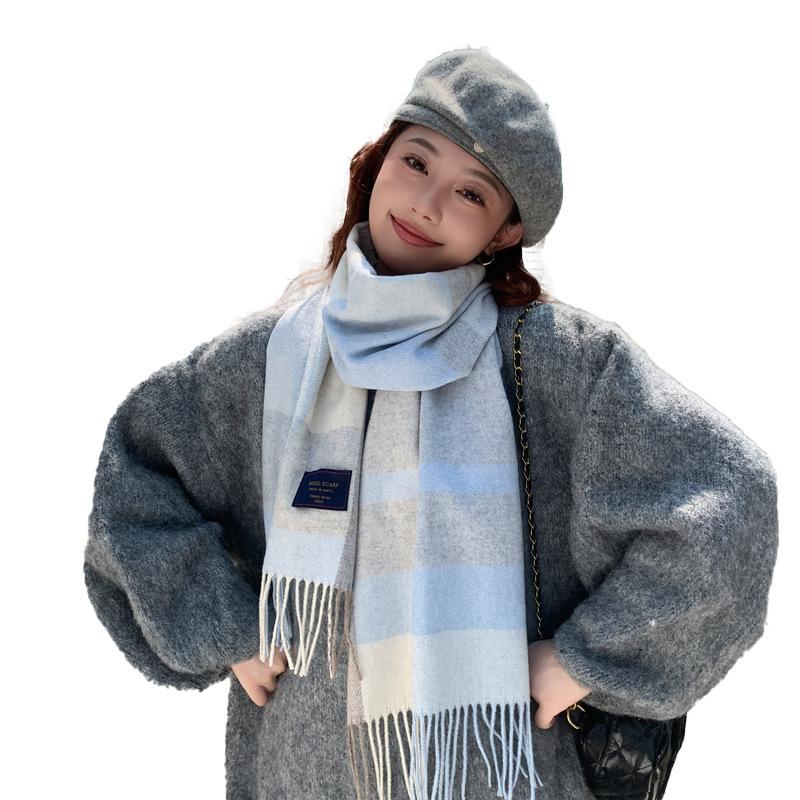 Blended scarf women's winter new Korean version versatile Japanese plaid warm plaid high-end scarf