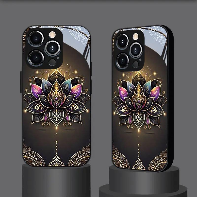 Golden Lotus Flower Pattern Tempered Glass Black Phone Case For Samsung Galaxy S25 S24 S23 Ultra Plus FE Shockproof Cover