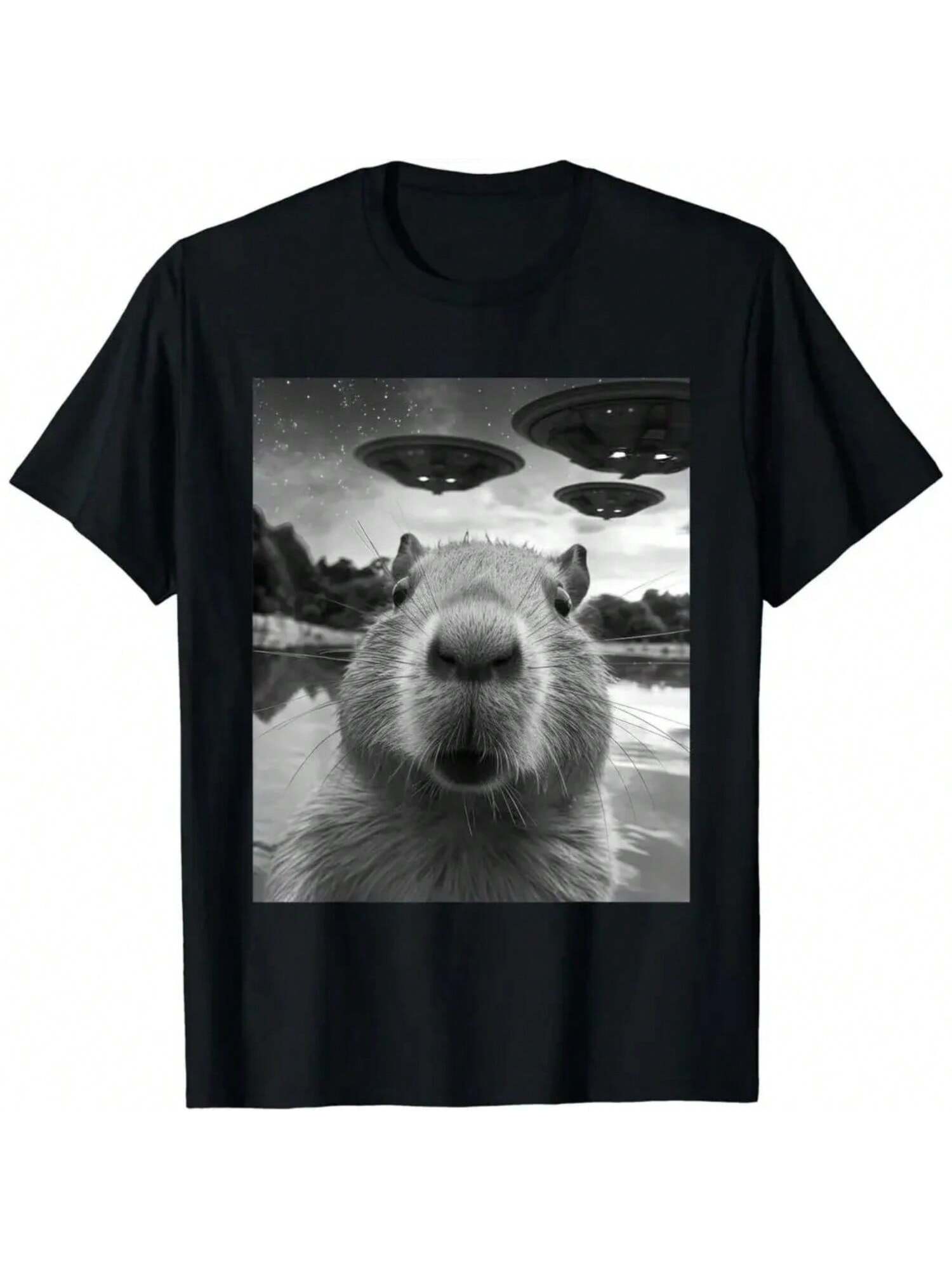 Funny Graphic Tee Capybara Selfie With UFO Weird Tee T-Shirt S разноцветный