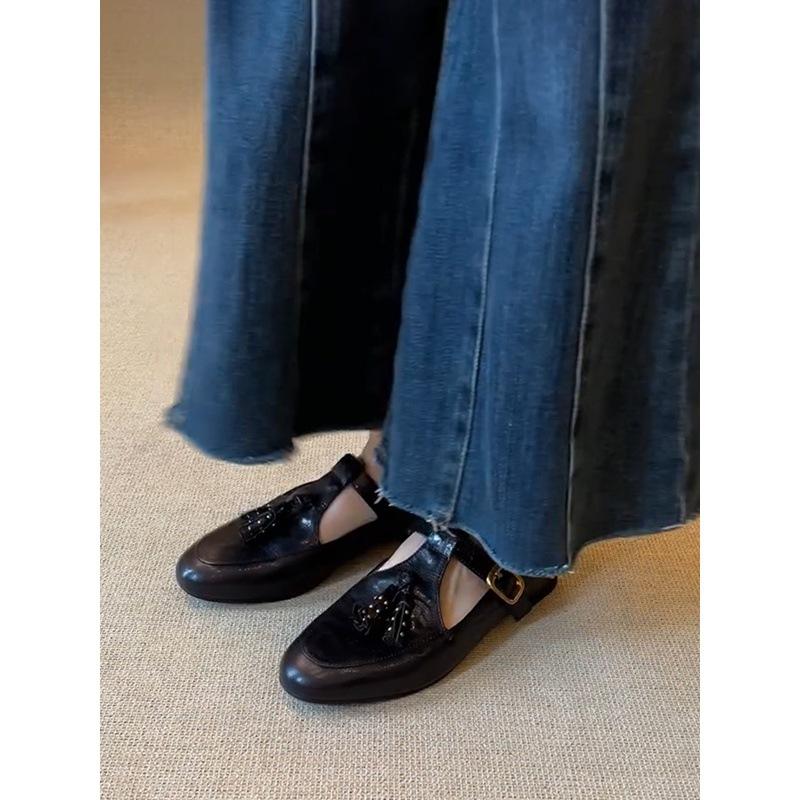Sheepskin Version Fringed British Loafers Women's Round Head Rivets Shallow Mouth Single Shoes Women's Versatile Commuter Flat Mary Jane Shoes