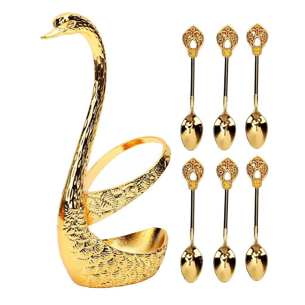 Coffee Spoon Holder Set Metal 6pcs Dessert Spoons and Swan Base Holder for Kitchen Coffee Station Bar Party Tabletop