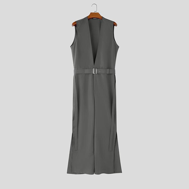 

INCERUN Men Summer Deep V Neck Belt Waist Long Wide Legs Jumpsuits Overalls M темно-серого