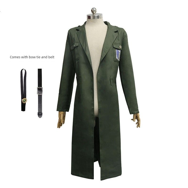 

Attack on Titan Season 4 Survey Corps Uniform Full Set Cosplay Costume Army Green Coat Survey Corps Cloak (Includes Bow Tie and Belt) XS