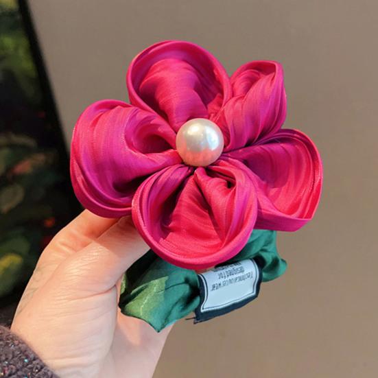 Hair Tie Handmade Satin Flower Decor Hair Tie with Imitation Pearls Large Elastic Soft Hair Band Autumn Winter Hair Accessories