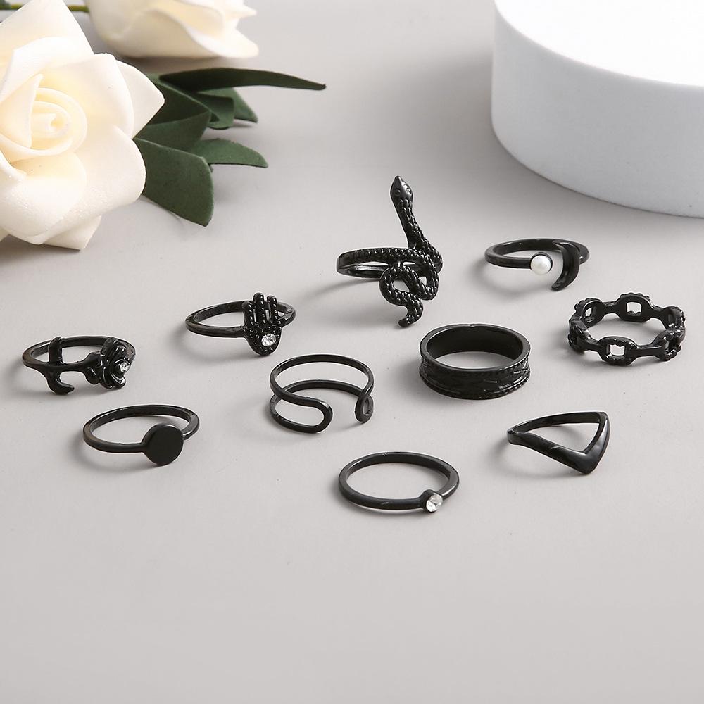 10-teiliges Exotisches Schlangenförmiges Perlen- & Roségoldenes Ring-Set mit Mikro-Eingesetzten Diamanten für Damen