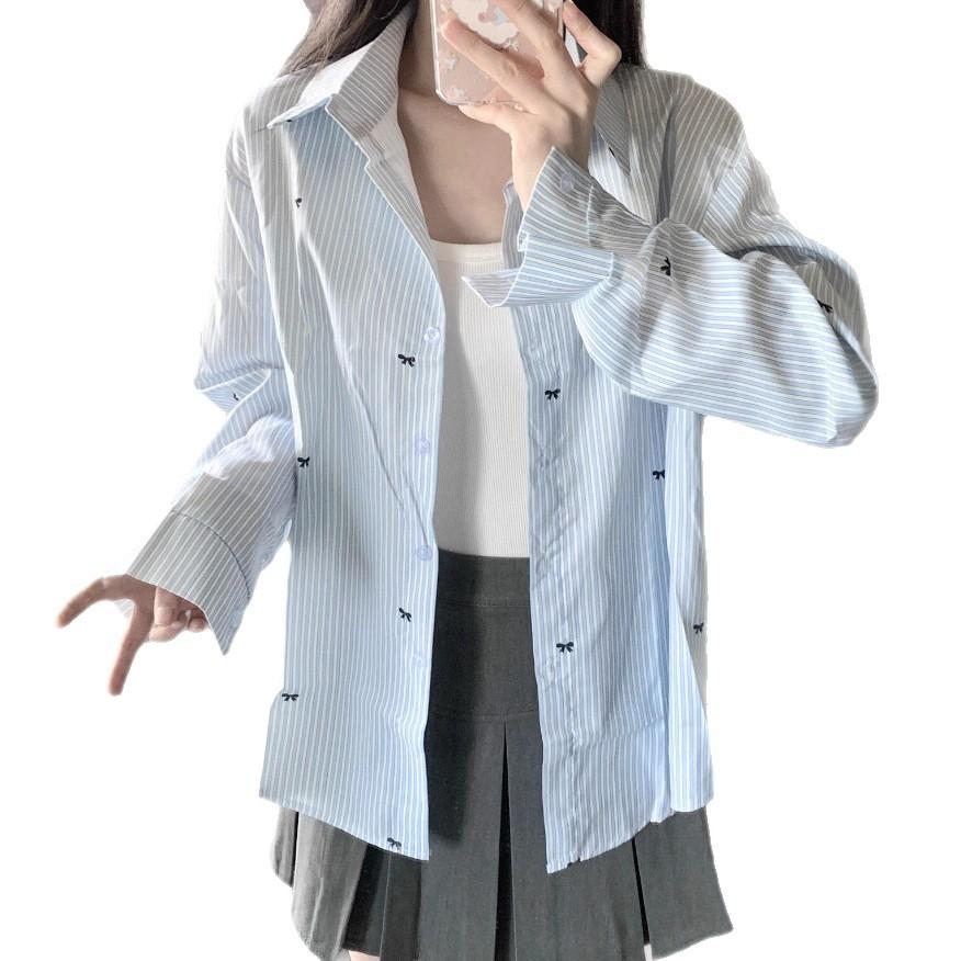 A Loose, Laid-back and Casual Long-sleeved Shirt with A Striped Bow Print for Women In Spring