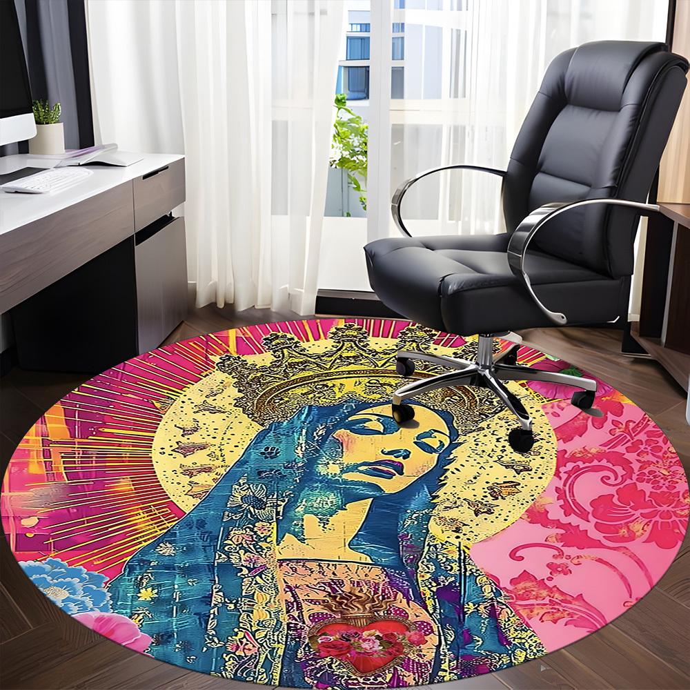 1pc Virgin Mary Print Carpet, Round Non Slip Durable Large Size Office Carpet, Suitable for Office