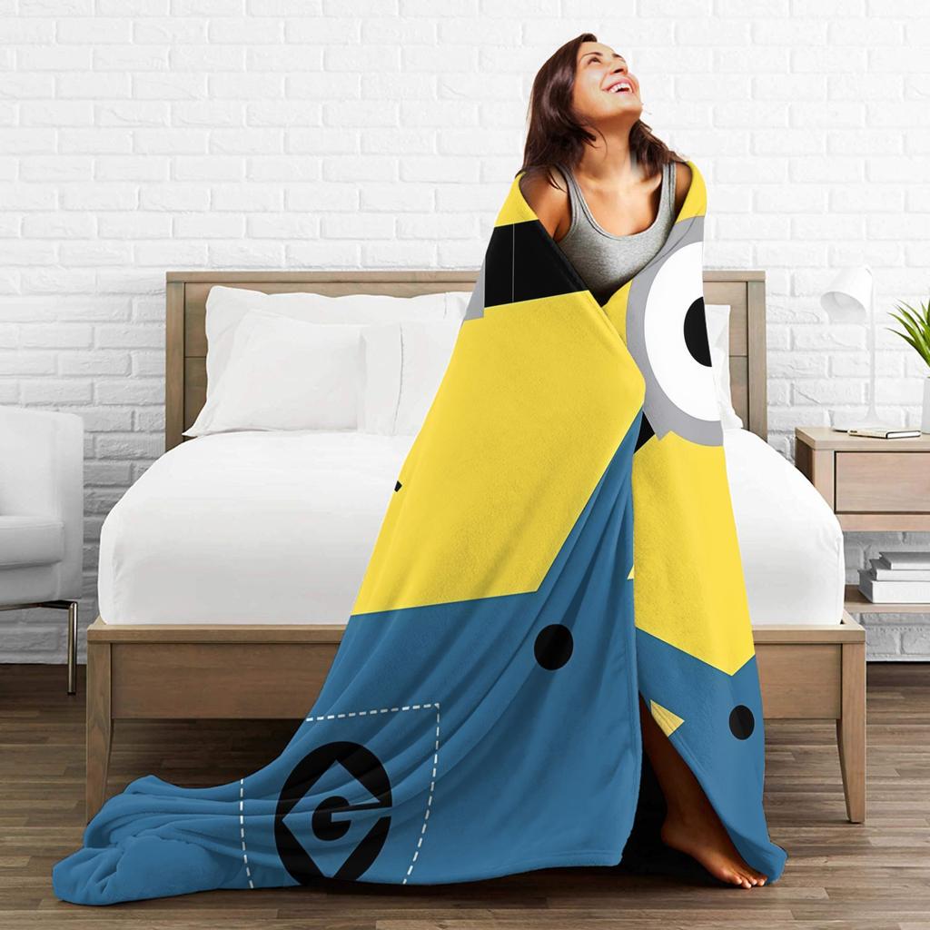 Cartoon M-Minions Face Print Flannel Blankets Winter Warm Soft Throw Blanket for Kids Adult Bedroom Bedspread Sofa Bed Cover