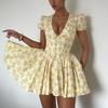 European and American Women's Autumn Fashion Sexy Floral Bubble Sleeves V-neck Slim Retro Dress