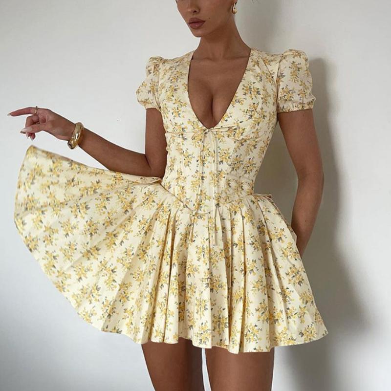 European and American Women's Autumn Fashion Sexy Floral Bubble Sleeves V-neck Slim Retro Dress