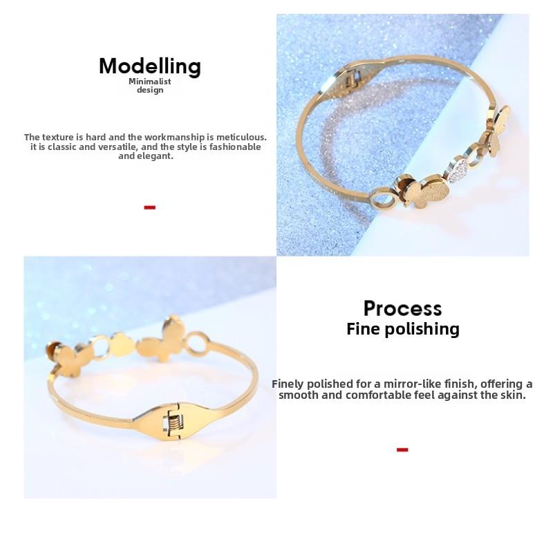 Heart-shaped diamond-studded titanium steel bracelet, double-sided brushed butterfly stainless steel bracelet, women's gold bracelet