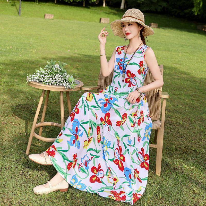Sommer Fließendes Baumwollkleid Ärmellos Junge Frauen Strand Langes Kleid Urlaubs-Sommerkleid
