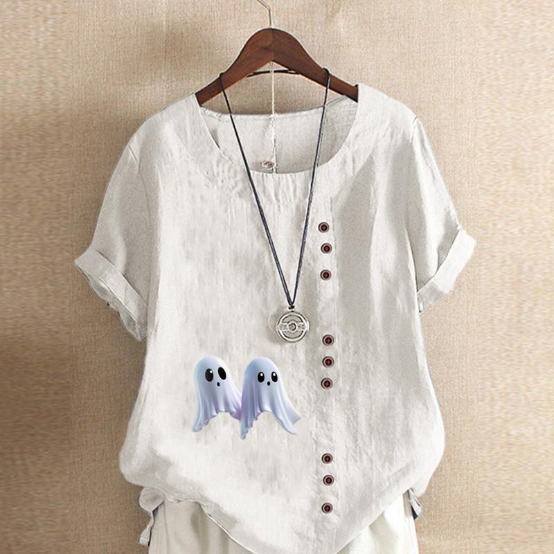Women's Fashion Ghost Prined Short Sleeve T-shirt Loose Cotton Shirt Casual Loose Summer Blouse Tops