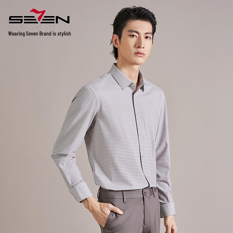 Septwolves Men s Seamless Collar Plaid Long-Sleeve Shirt 41