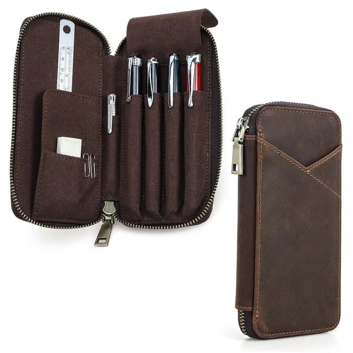 Nannlia Crazy Horse Leather Pen Case, 4-Pen Holder with Pencil Lead Holder & Student ID Pocket (Brown)