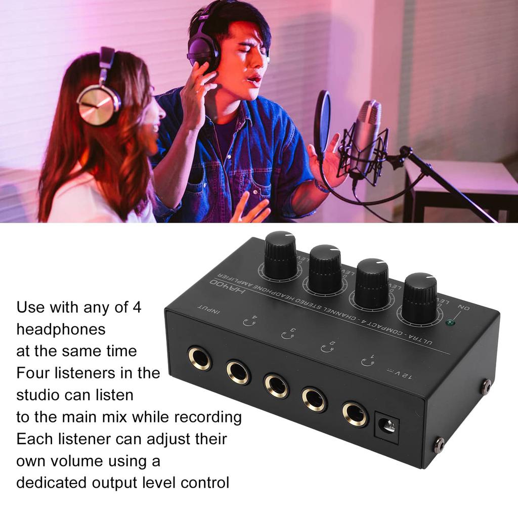 Stereo Headphone Amplifier, HA400 4-Channel Stereo Headphone Amplifier, Ultra-Compact, Output Level Adjustment Volume, US Plug, 100-240VAC, for Stage
