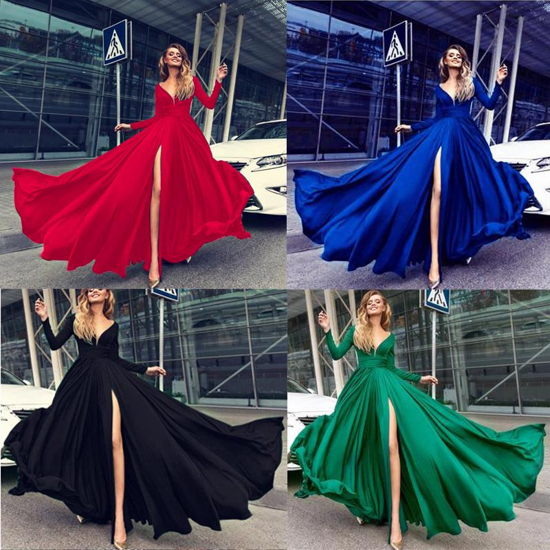 2026 Nouvelle Robe Sexy en Soie de Lait Décolleté Plongeant, Manches Longues, Large Ourlet, Fente pour Robes de Soirée Robes Longues Élégantes avec Haute Fente