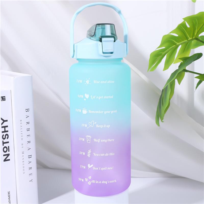 2000ml Frosted Gradient Sports Water Bottle with Handle & Straw, Large Capacity Plastic Cup