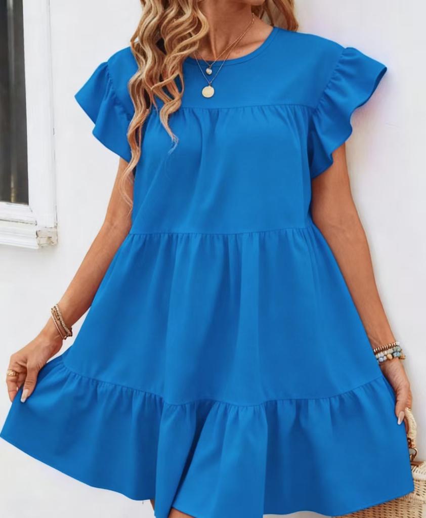 Summer Women's Loose Pleated Short-sleeved Dress, Solid Color Casual One-piece Short Skirt Dress