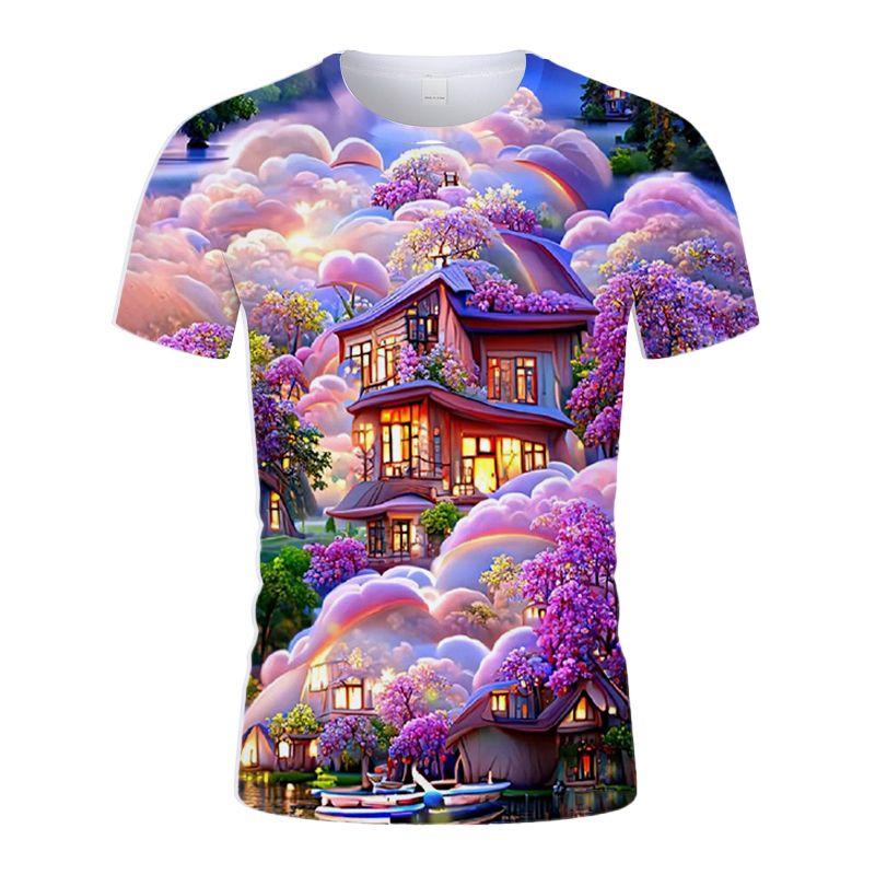 Summer New Rose Castle Colors Beautiful Personality Youth Trend 3D Digital Printing Round Neck Shirt Short Sleeve T-shirt