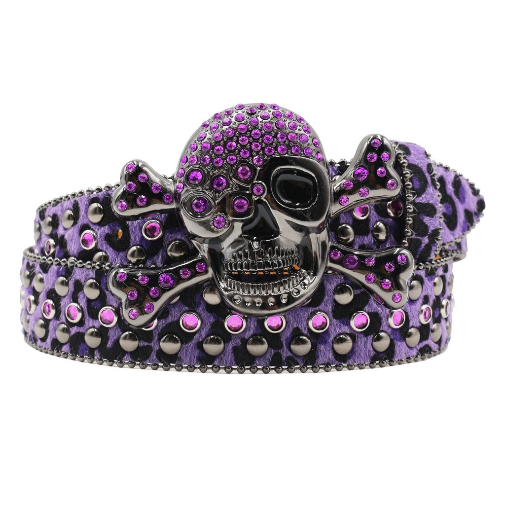 Leopard Print Rhinestone Belt for Women Skull Belt for Women Inlaid with Diamonds Fashion Punk Dark Style Personalized Trend Belt