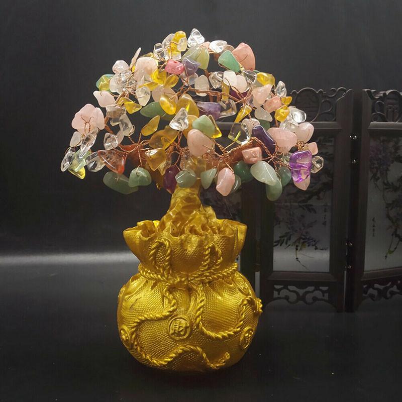 Exquisite Feng Shui Money Tree Featuring Yellow Citrine And Amethyst Crystal Leaves