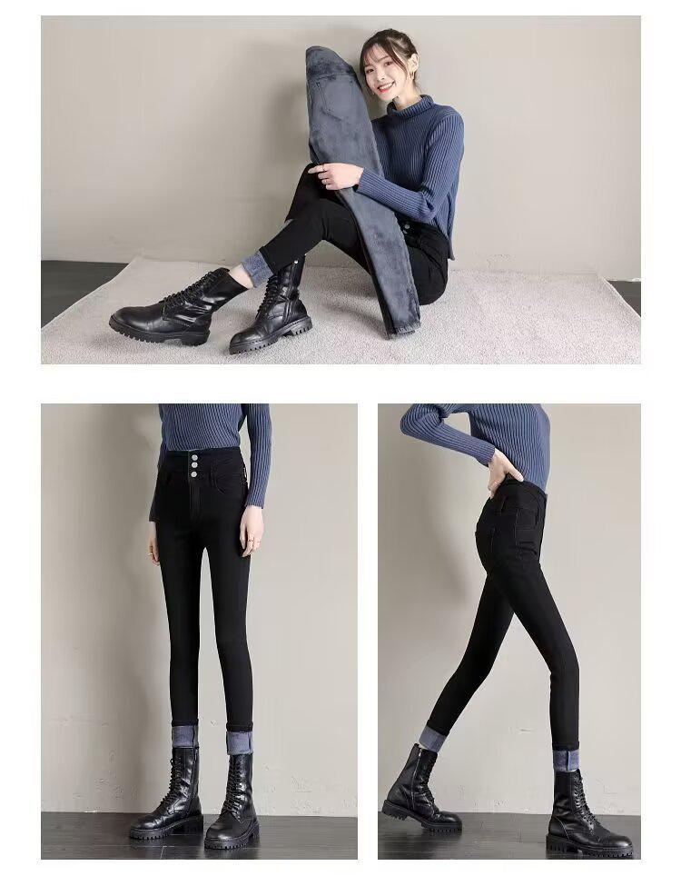 Jean skinny doublé polaire pour femme, Automne/Hiver 2025 Nouveau, Pantalon crayon slim fit taille haute