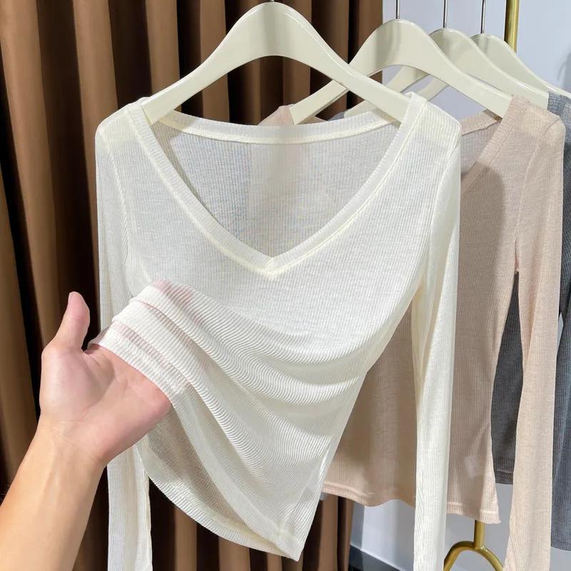 Large V-neck Thin Knitted T-shirt for Women Summer New Style See-through Threaded Style Bottoming Shirt Top