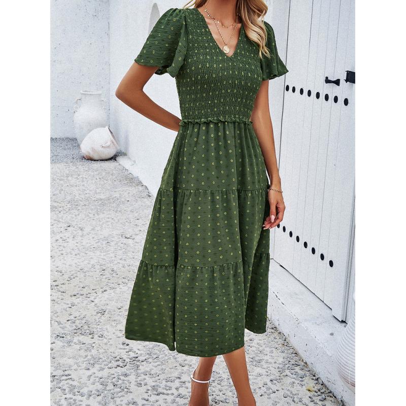 Long Dress For Woman Summer Solid Casual Beach Maxi Dress Short Sleeve V Neck Elegant Female Dresses Office Holiday