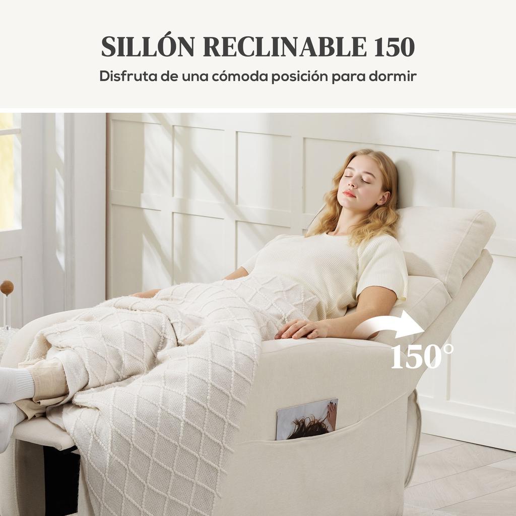 Reclining Relax Armchair Upholstered in Synthetic Linen with Footrest and Side Pockets Load 135 kg Cream