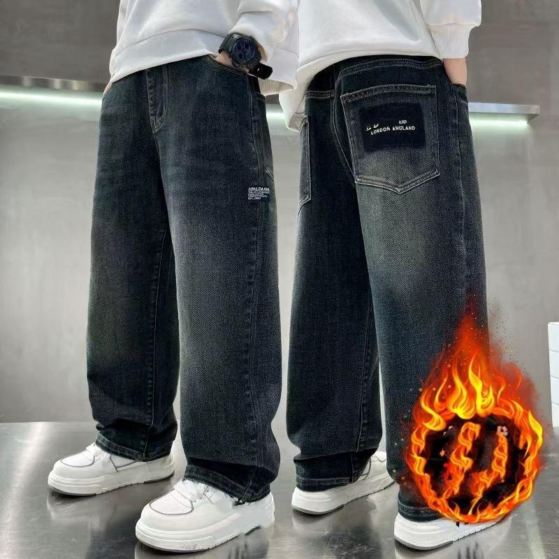 Jaro Podzim Zima 4-14 Let Chlapci Plyšové Teplé Džíny Módní Písmeno Volné Rovné Džínové Kalhoty Dětské Ležérní Streetwear Kalhoty